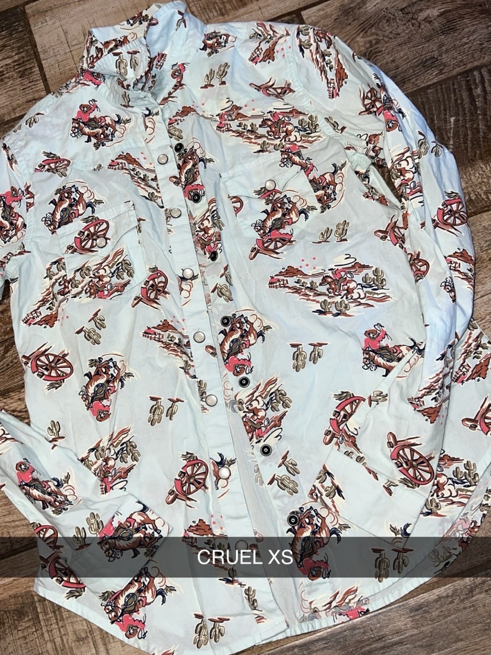 Cruel Light Blue Western Print Button-Front Shirt